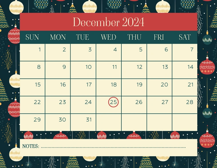 December 2024 calendar with festive decorations