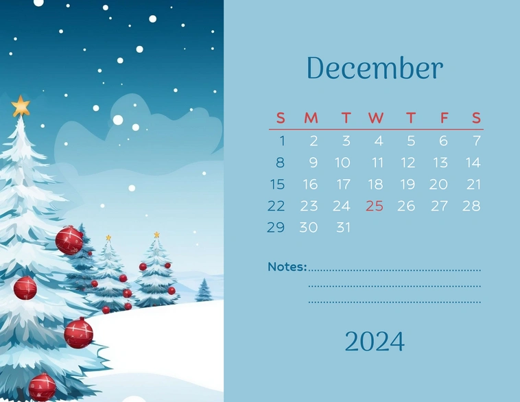 December 2024 calendar featuring snowy Christmas trees
