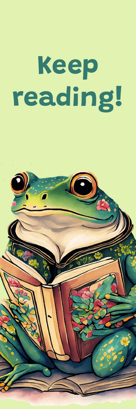 Frog character reading a book with an encouraging message