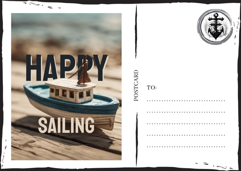 Postcard with toy boat and nautical theme