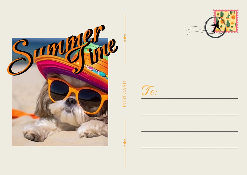 Postcard featuring a dog with sunglasses and a hat