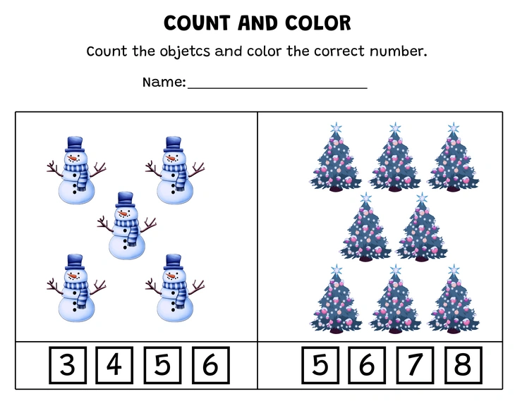 Worksheet with snowmen and Christmas trees
