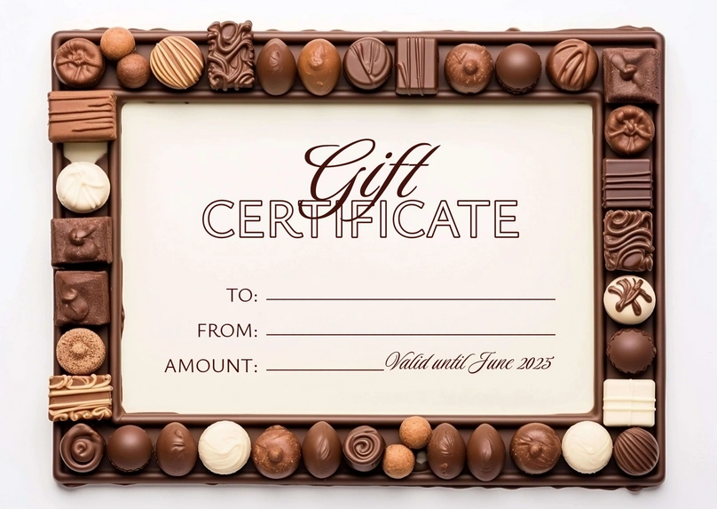 A gift certificate with a chocolate-themed design