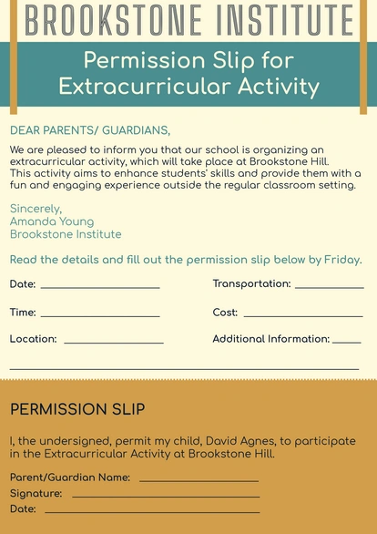 Permission slip for a school extracurricular activity