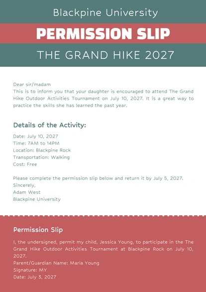 Permission slip from Blackpine University for a hiking event