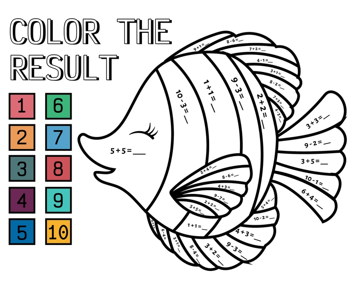 Fish-themed math coloring worksheet