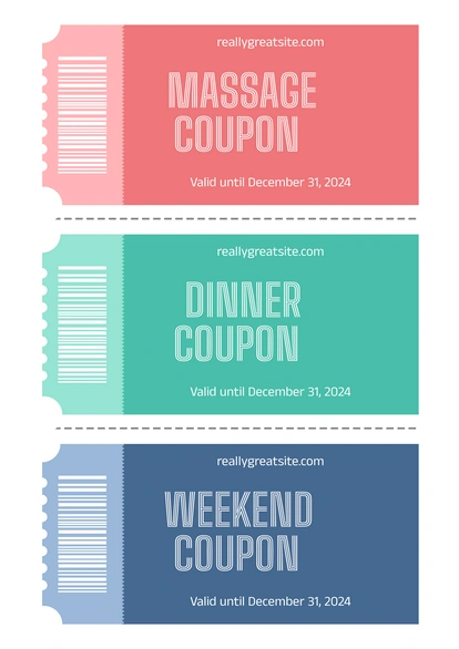 Assorted promotional discount coupons for massage, dinner, and weekend activities