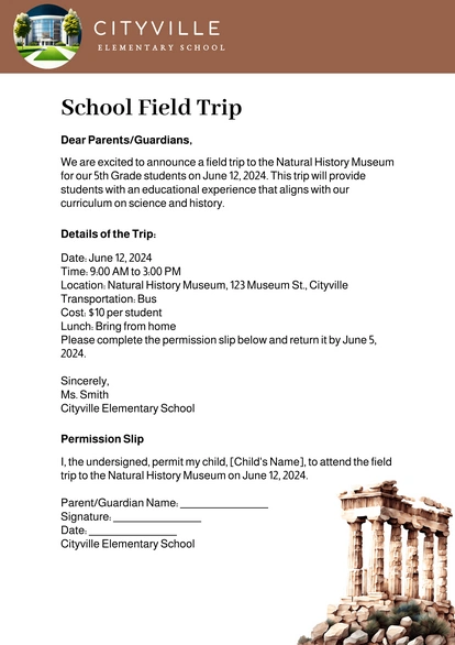 Letter regarding a school field trip