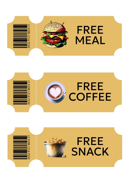 Coupon tickets for a free meal, coffee, and snack
