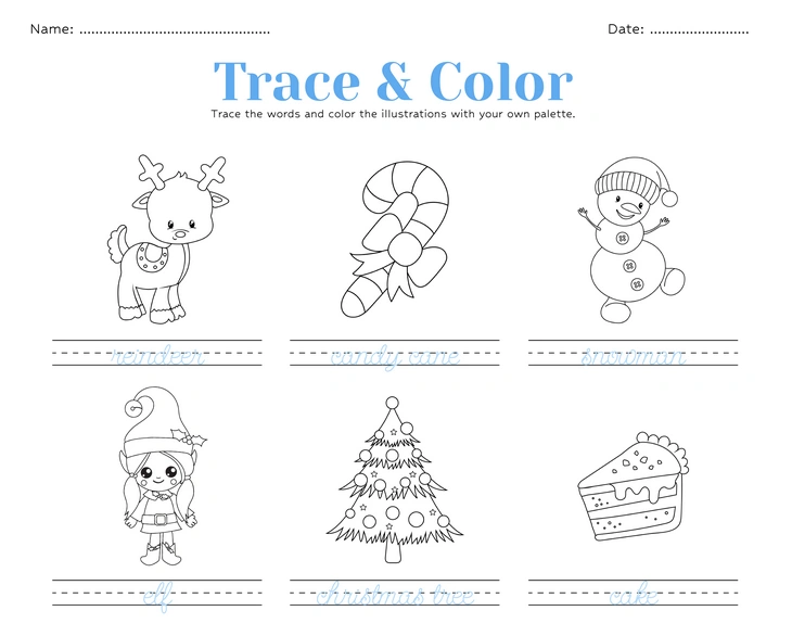 Christmas-themed coloring and tracing activity
