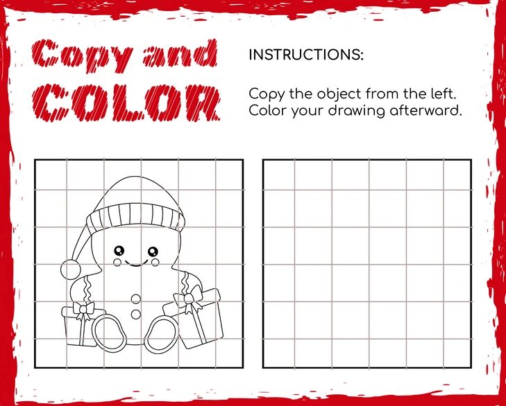 Snowman grid copy and coloring activity worksheet