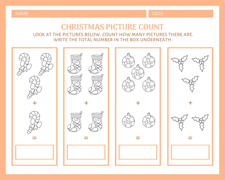 A worksheet with simple Christmas-themed images for counting practice.