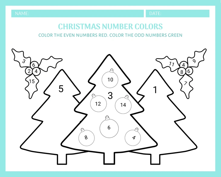 A Christmas themed coloring worksheet with numbers