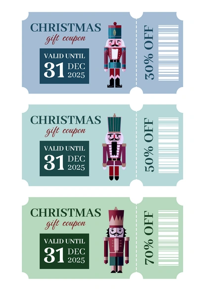 A set of three Christmas-themed gift coupons featuring a nutcracker illustration