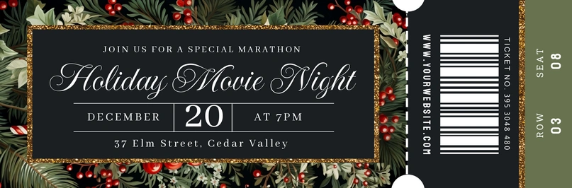 An event ticket invitation for a holiday movie night.