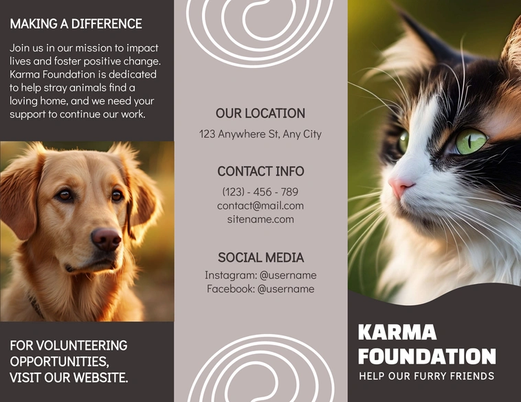 Charity brochure for animal adoption and volunteering