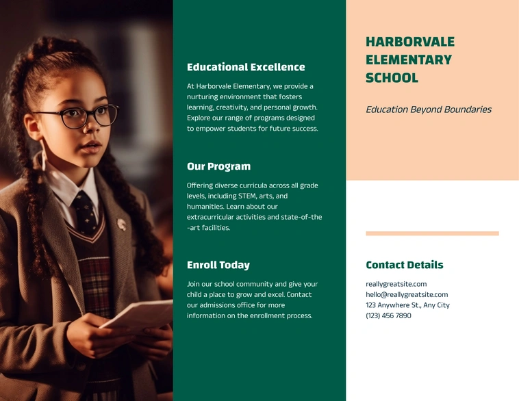 A brochure for Harborvale Elementary School, highlighting the educational excellence and programs offered.