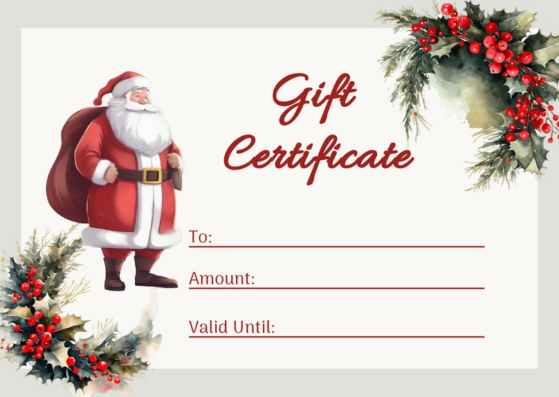 A gift certificate with a Santa Claus illustration