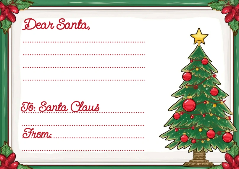 A festive Christmas letter template addressed to Santa Claus with decorative elements like a Christmas tree and hobby.