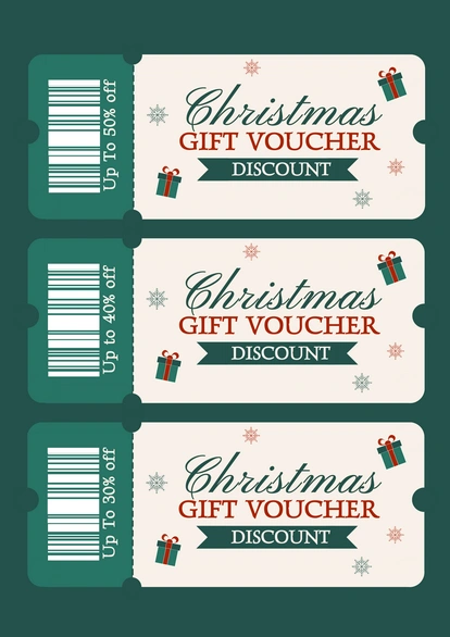A set of three Christmas-themed gift vouchers