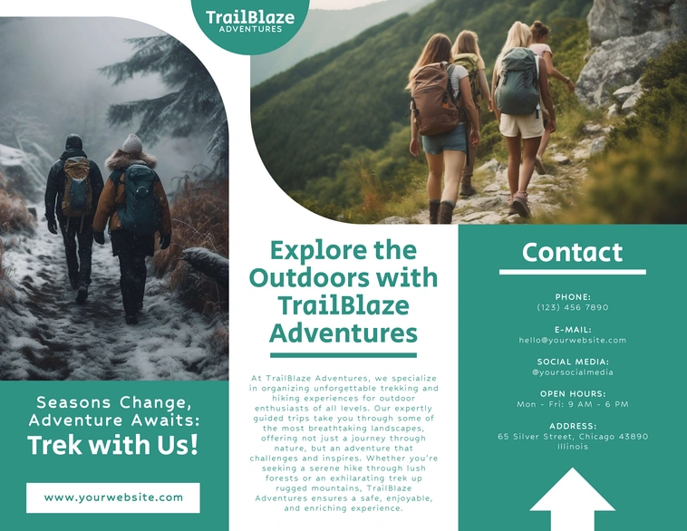 Promotional material for TrailBlaze Adventures featuring outdoor trekking