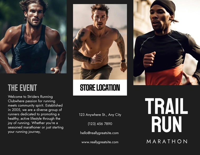 Advertisement for a trail run marathon event by Striders Running Club