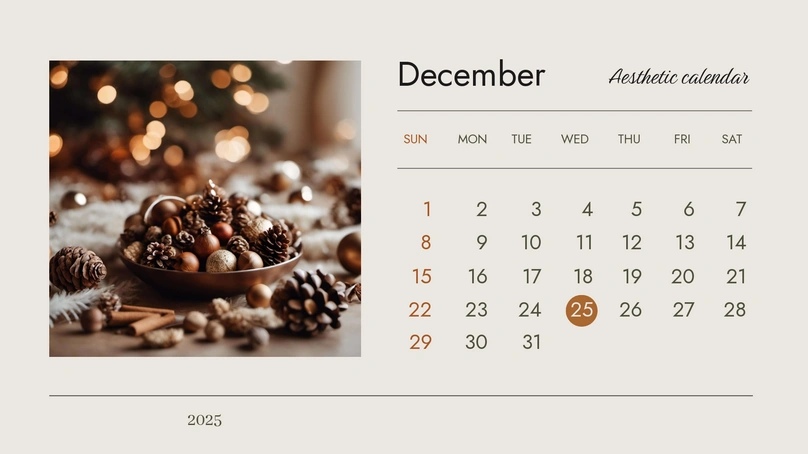 A calendar page for the month of December with a festive holiday theme