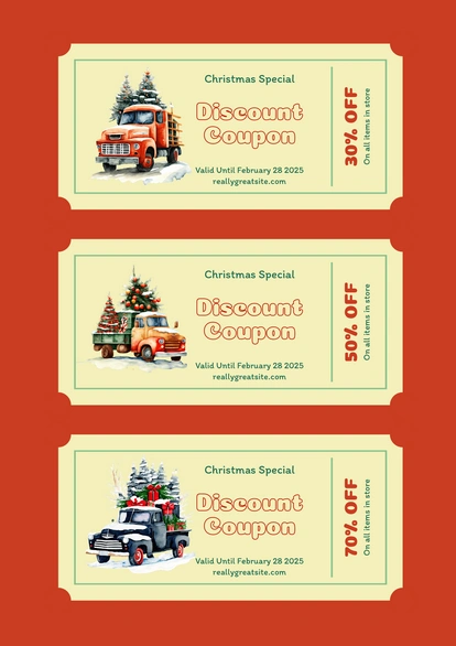 Seasonal discount coupons with Christmas-themed illustrations
