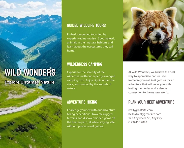 Ecotourism brochure for guided tours, camping, and hiking.
