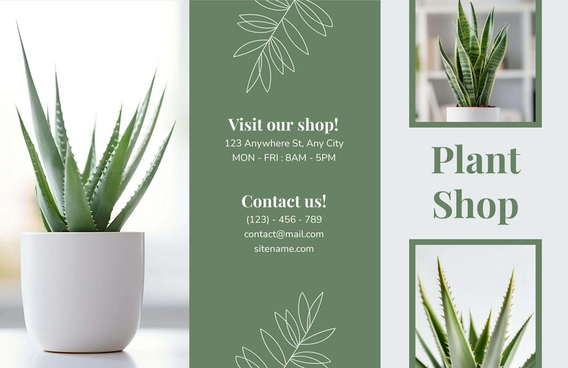 A flyer for a plant shop with contact details and images of potted plants