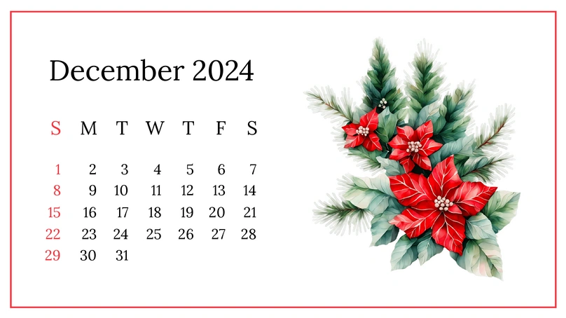 Calendar for December 2024 with a festive holiday theme
