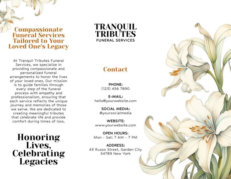 Funeral services brochure with floral design