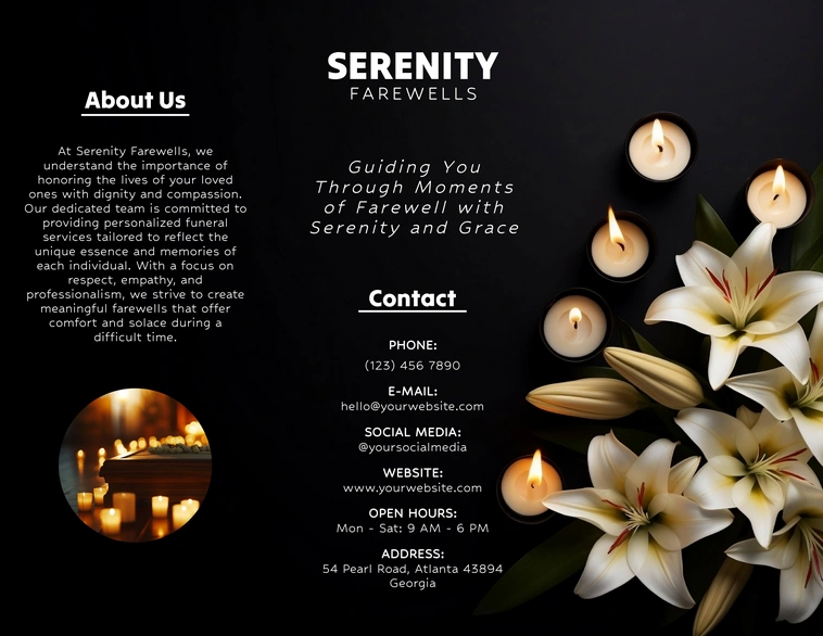 A brochure for Serenity Farewells funeral services