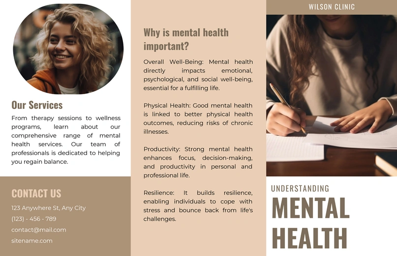 Promotional healthcare brochure for mental wellness services.
