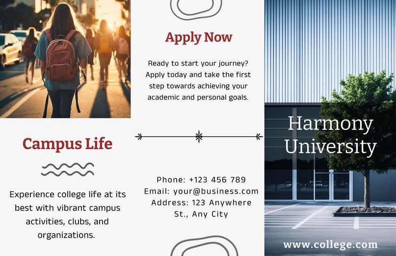 A brochure for Harmony University focusing on campus life and admissions.