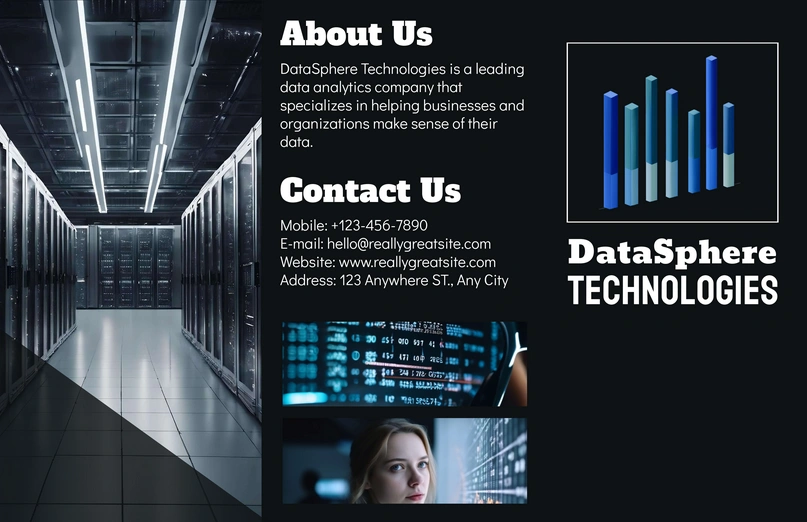 A promotional brochure for DataSphere Technologies, highlighting the company's services and contact information.