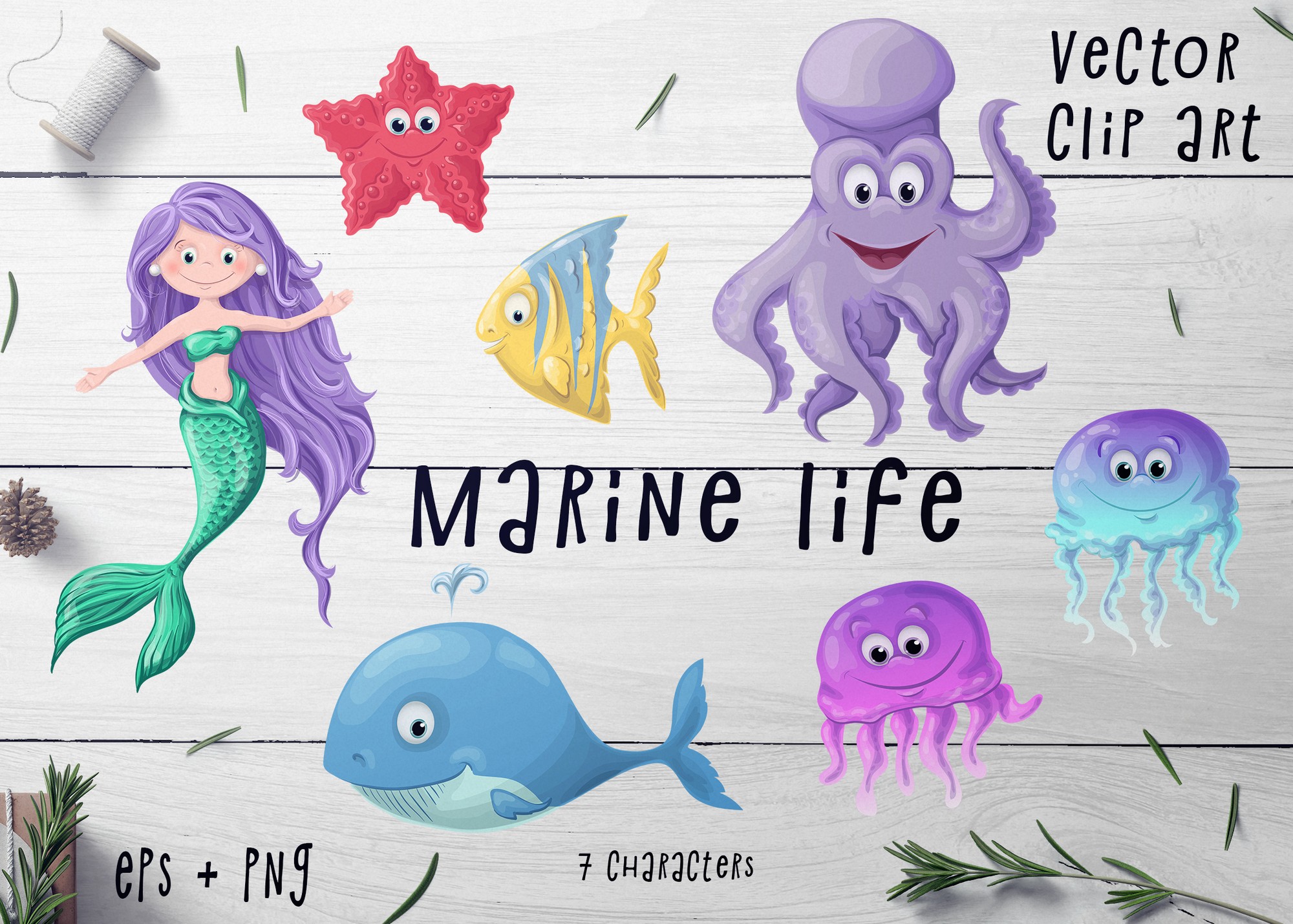 Marine Life Set – Vector Clip Art Grafik Druckbare Illustrationen Von nicjulia