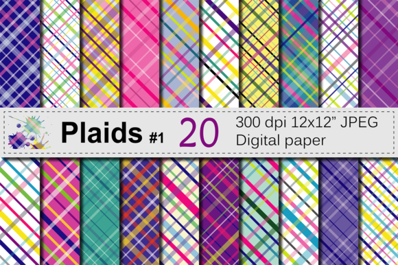 Colorful Bright Plaid Digital Paper Pack / Plaid Backgrounds / Multicolored Plaid Scrapbook Papers Graphic Backgrounds By VR Digital Design