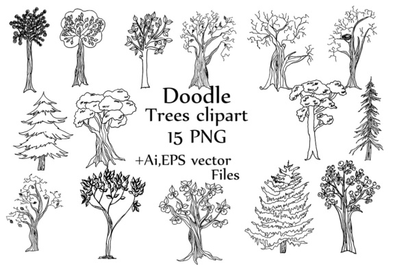 Doodle Trees Clipart,TREES CLIP ART, Line Art Tree Silhouette Graphic Crafts By ChiliPapers