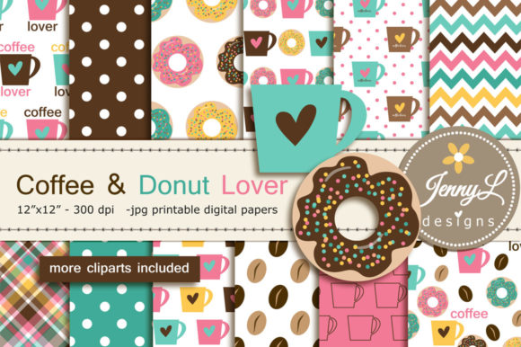 Coffee Digital Papers and Donut Clipart Graphic Patterns By jennyL_designs