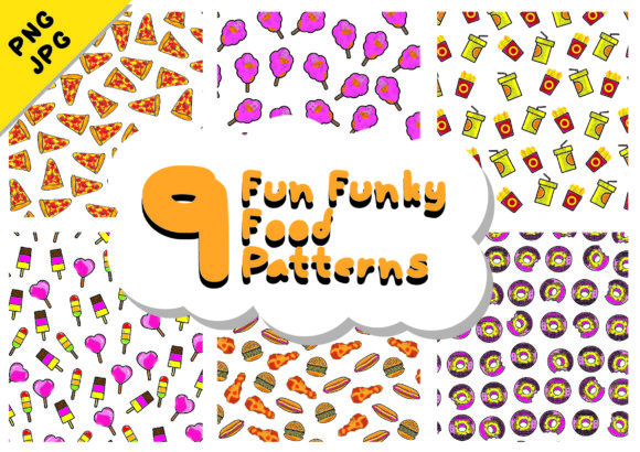 9 Fun Funky Food Graphic Patterns Grafik Papier-Muster Von GraphicsBam Fonts