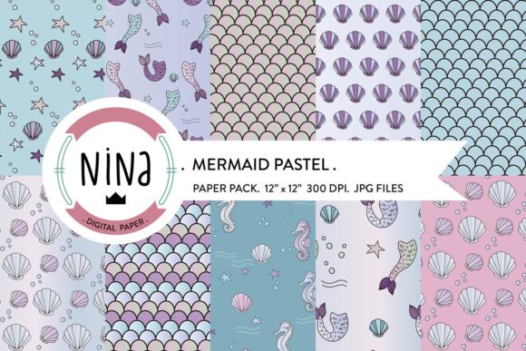 Mermaid Digital Paper Pack Illustration Modèles de Papier Par Nina Prints