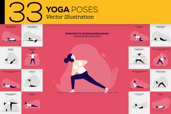 33 Yoga Poses Vector Illustration Grafik Symbole Von kursatunsal