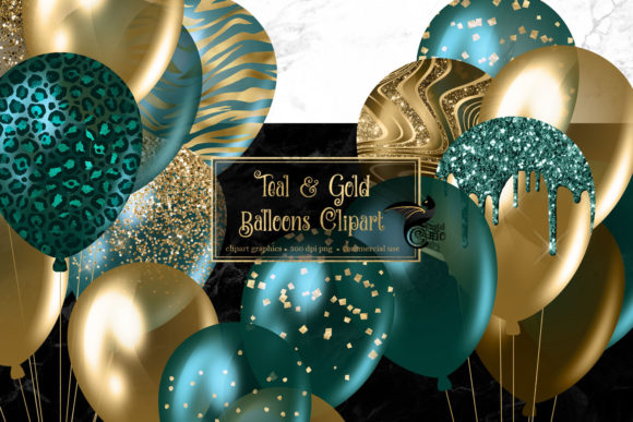 Teal and Gold Balloons Clipart Graphic Illustrations By Digital Curio
