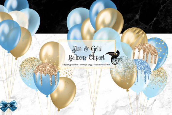 Blue and Gold Balloons Clipart Gráfico Ilustraciones Imprimibles Por Digital Curio