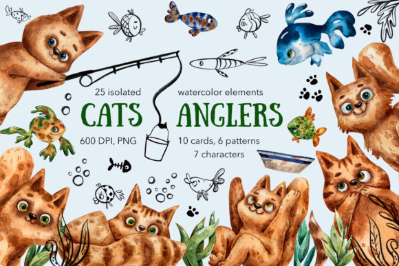 Cats Anglers - Watercolor Graphic Illustrations By mashamashastu