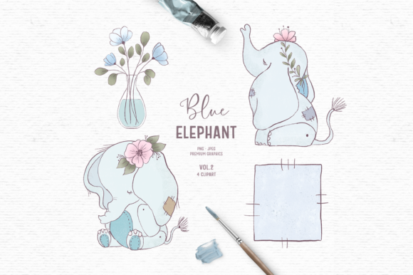 Hand-drawn Baby Elephant Clipart in Blue Graphic Illustrations By Whimsy Dreams Clipart