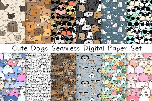 Cute Dog Seamless Digital Paper Set Illustration Modèles de Papier Par OneyWhyStudio