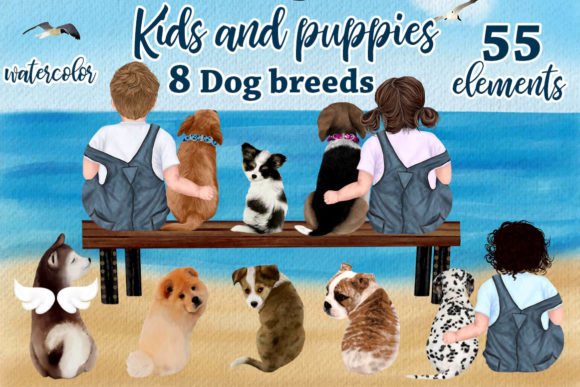 Kids and Puppies Dog Breeds for Mug Gráfico Ilustrações para Impressão Por LeCoqDesign