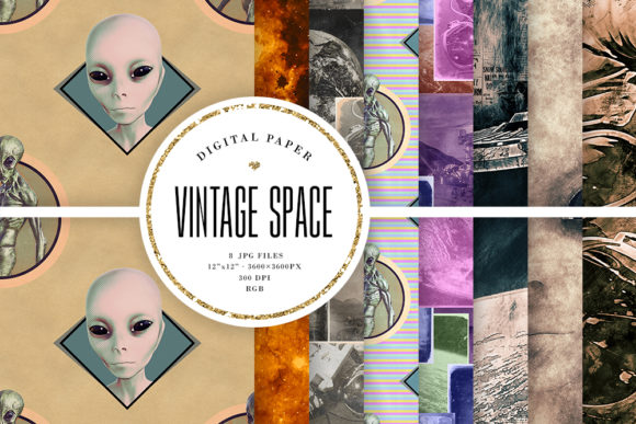 Vintage Style Aliens & Space Backgrounds Graphic Illustrations By Sabina Leja